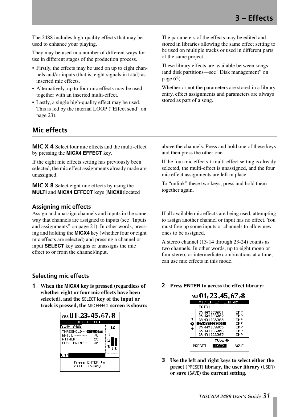 3 - effects, Mic effects, Assigning mic effects | Selecting mic effects, 3 – effects, Mic x 4 mic x 8, Assigning mic effects selecting mic effects | Teac 2488 User Manual | Page 31 / 92