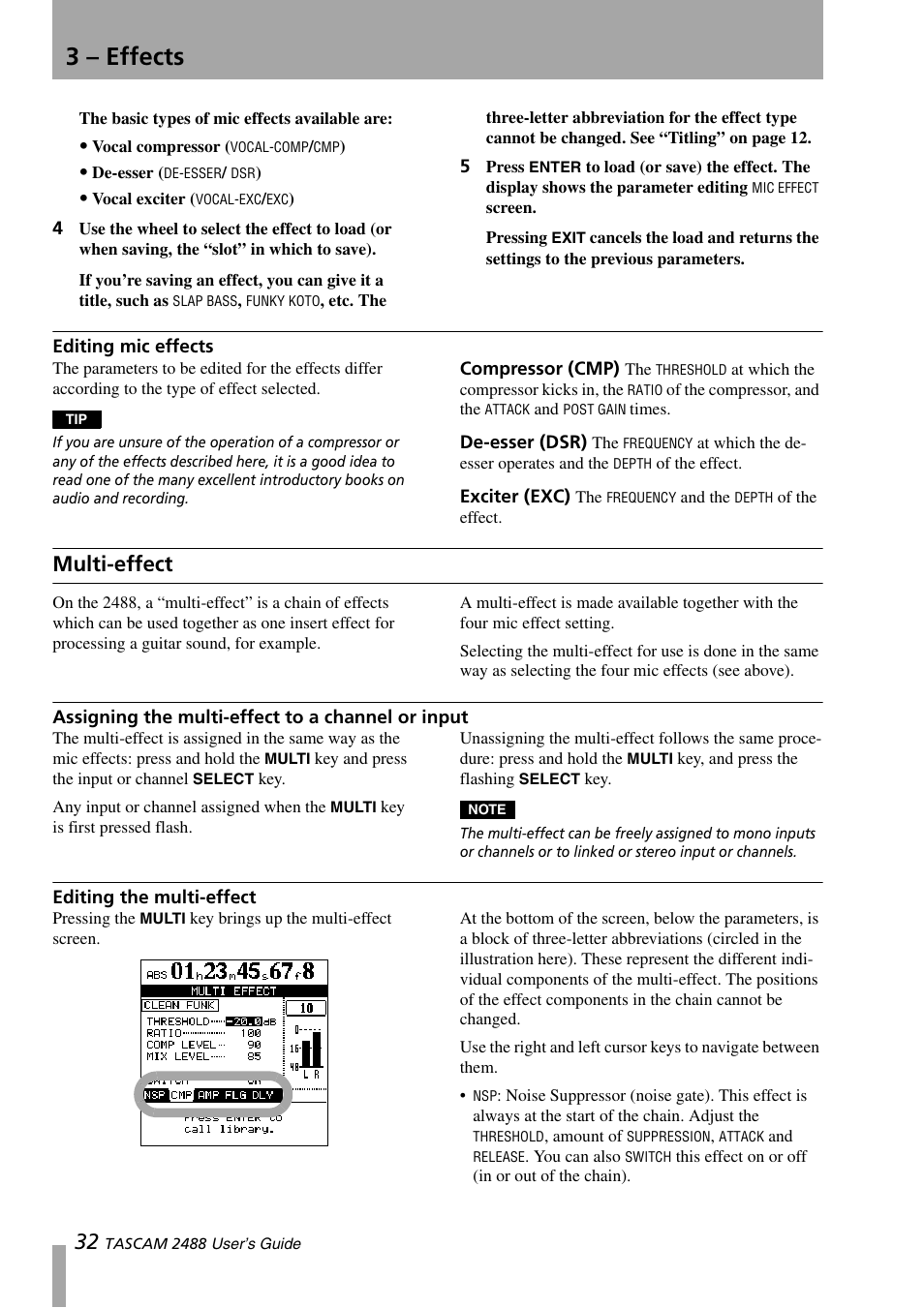 Editing mic effects, Multi-effect, Assigning the multi-effect to a channel or input | Editing the multi-effect, Compressor (cmp) de-esser (dsr) exciter (exc), Assigning the multi-effect to a channel or, Input, 3 – effects | Teac 2488 User Manual | Page 32 / 92