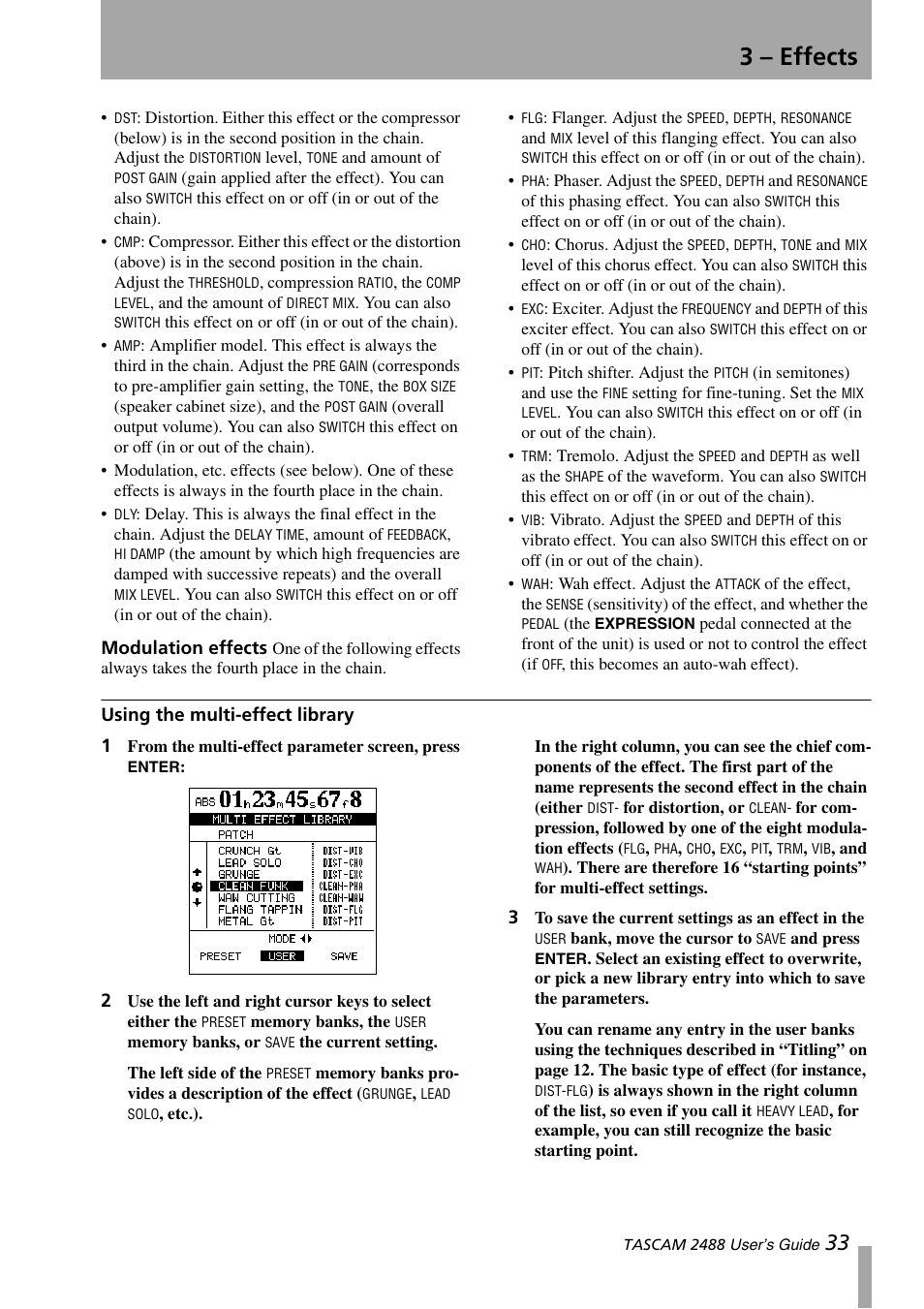 Using the multi-effect library, Modulation effects, 3 – effects | Teac 2488 User Manual | Page 33 / 92