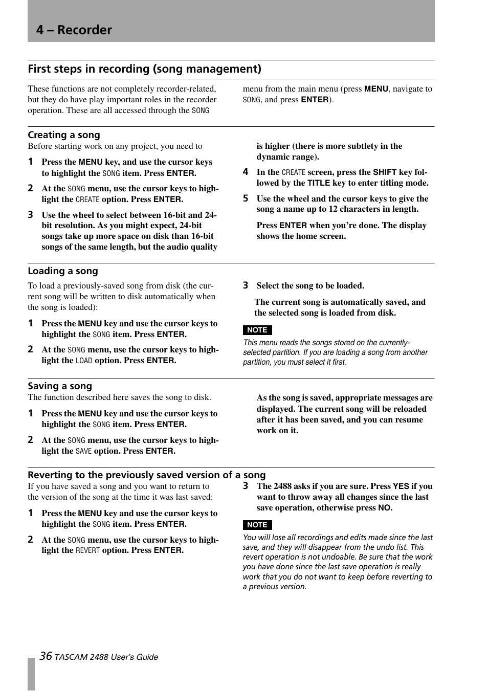 4 - recorder, First steps in recording (song management), Creating a song | Loading a song, Saving a song, 4 – recorder, Song | Teac 2488 User Manual | Page 36 / 92
