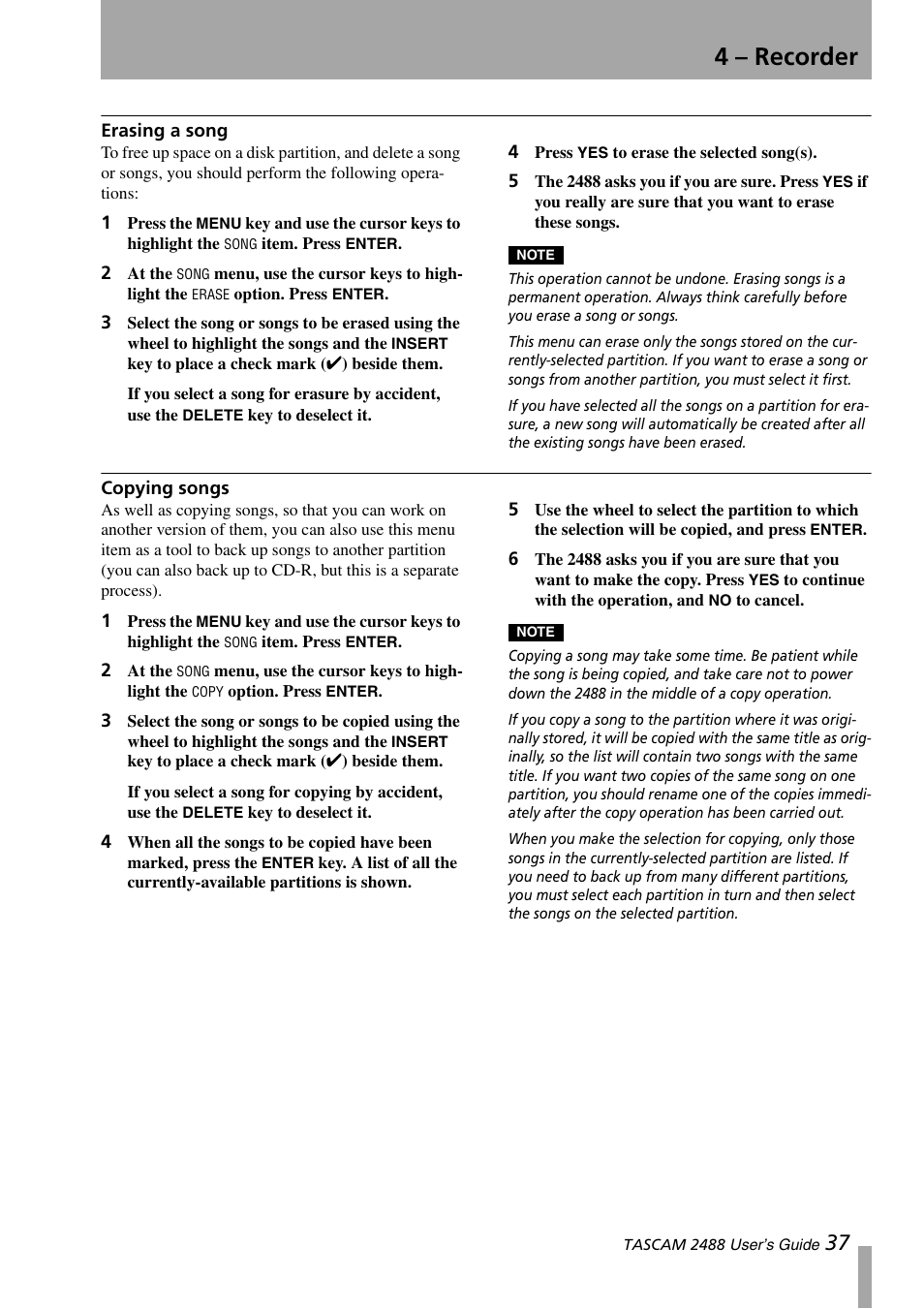 Erasing a song, Copying songs, Erasing a song copying songs | 4 – recorder | Teac 2488 User Manual | Page 37 / 92
