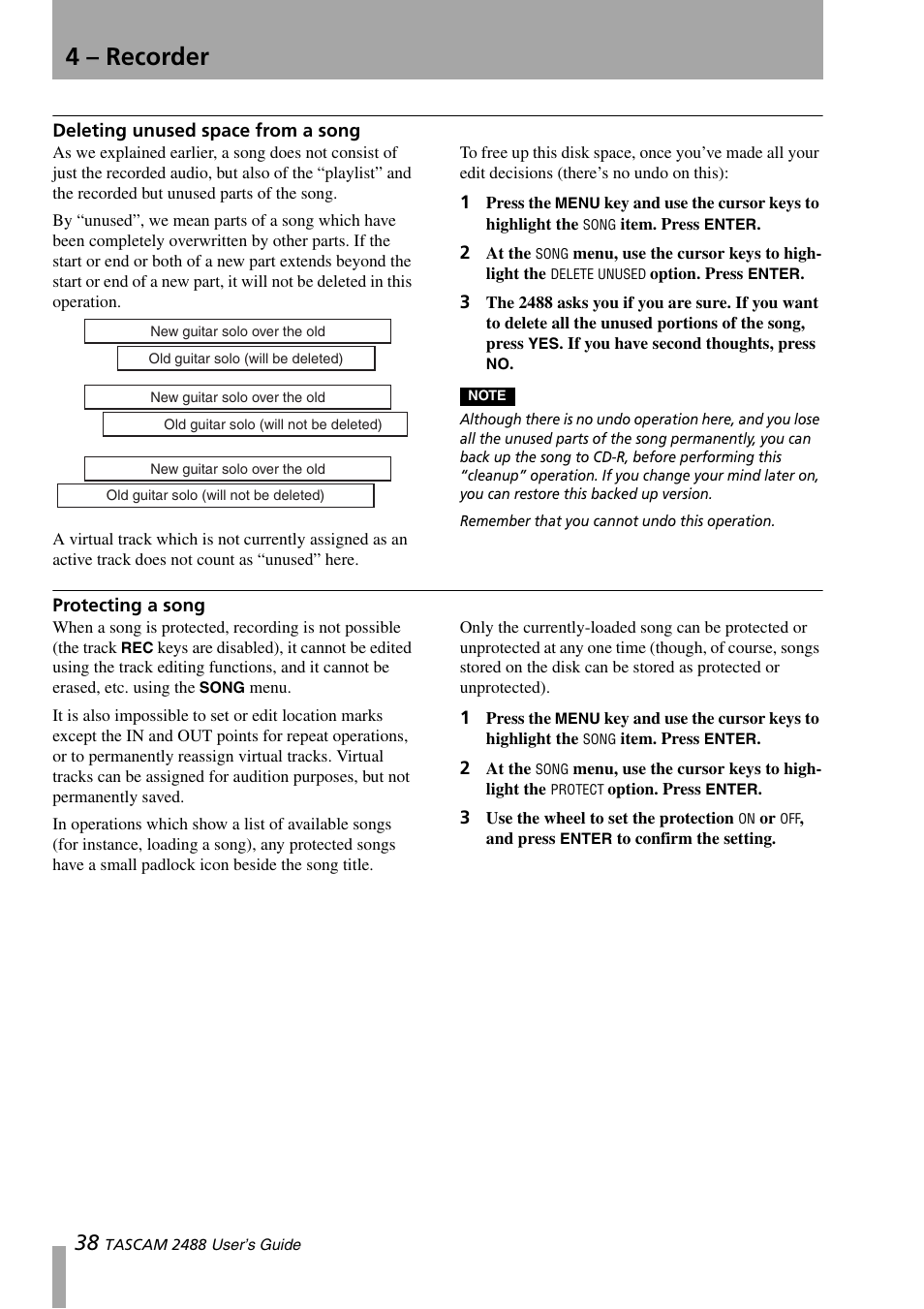 Deleting unused space from a song, Protecting a song, 4 – recorder | Teac 2488 User Manual | Page 38 / 92