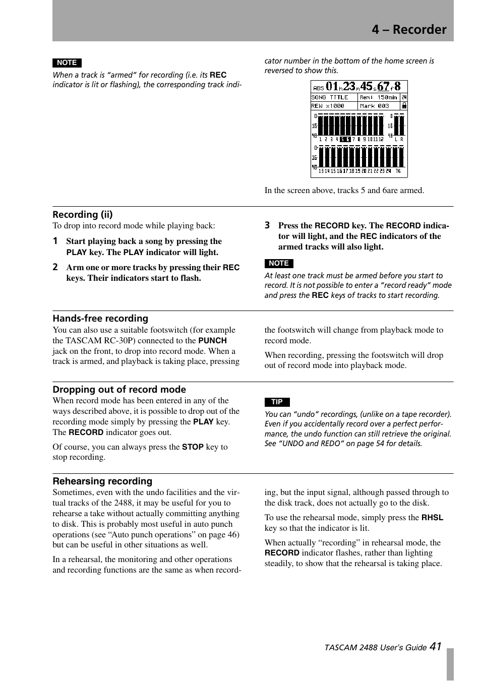 Recording (ii), Hands-free recording, Dropping out of record mode | Rehearsing recording, 4 – recorder | Teac 2488 User Manual | Page 41 / 92