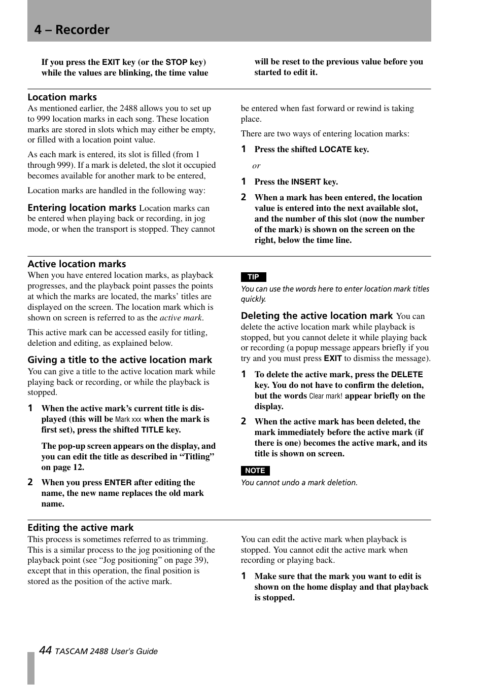 Location marks, Active location marks, Editing the active mark | Entering location marks, 4 – recorder | Teac 2488 User Manual | Page 44 / 92