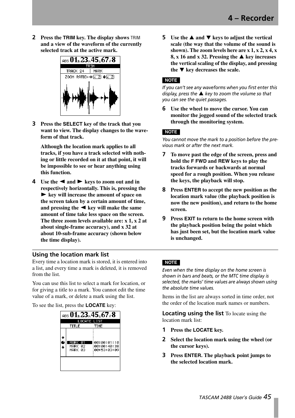 Using the location mark list, Locating using the list, 4 – recorder | Teac 2488 User Manual | Page 45 / 92