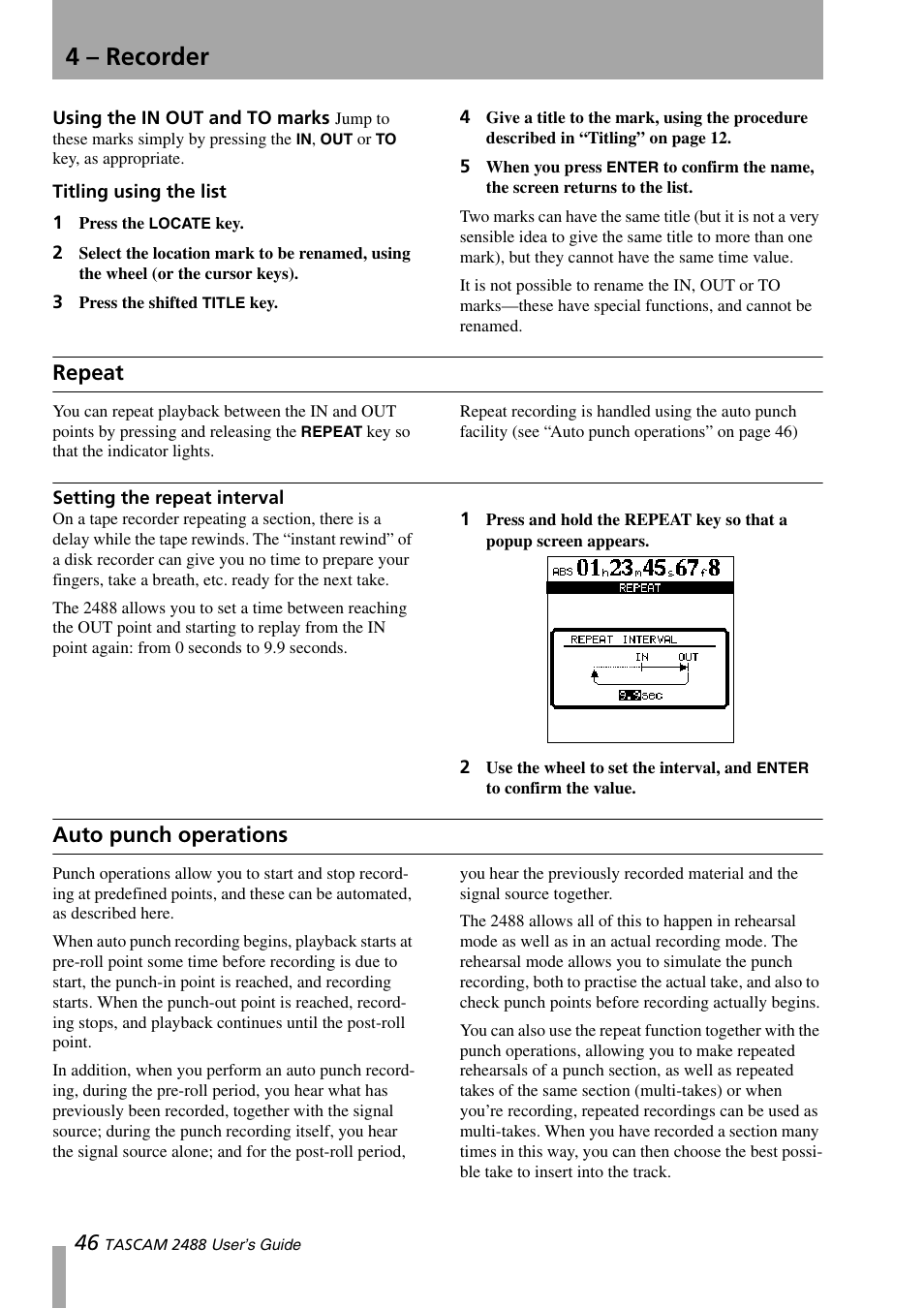 Repeat, Setting the repeat interval, Auto punch operations | 4 – recorder | Teac 2488 User Manual | Page 46 / 92