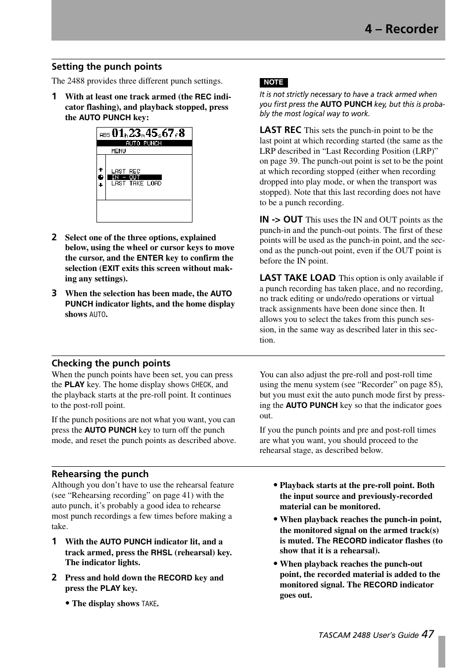 Setting the punch points, Checking the punch points, Rehearsing the punch | Last rec in -> out last take load, Checking the punch points rehearsing the punch, 4 – recorder | Teac 2488 User Manual | Page 47 / 92