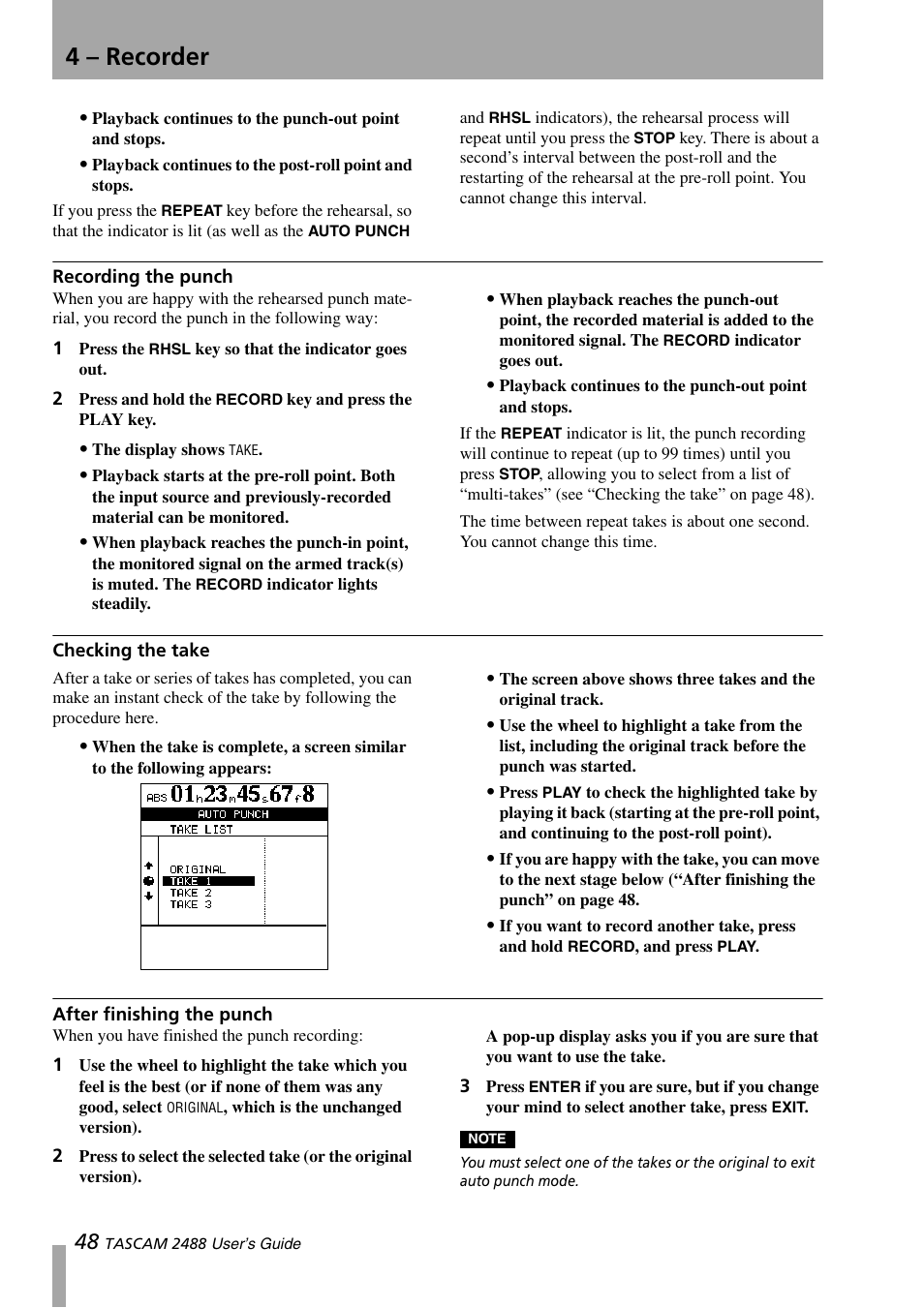Recording the punch, Checking the take, After finishing the punch | 4 – recorder | Teac 2488 User Manual | Page 48 / 92