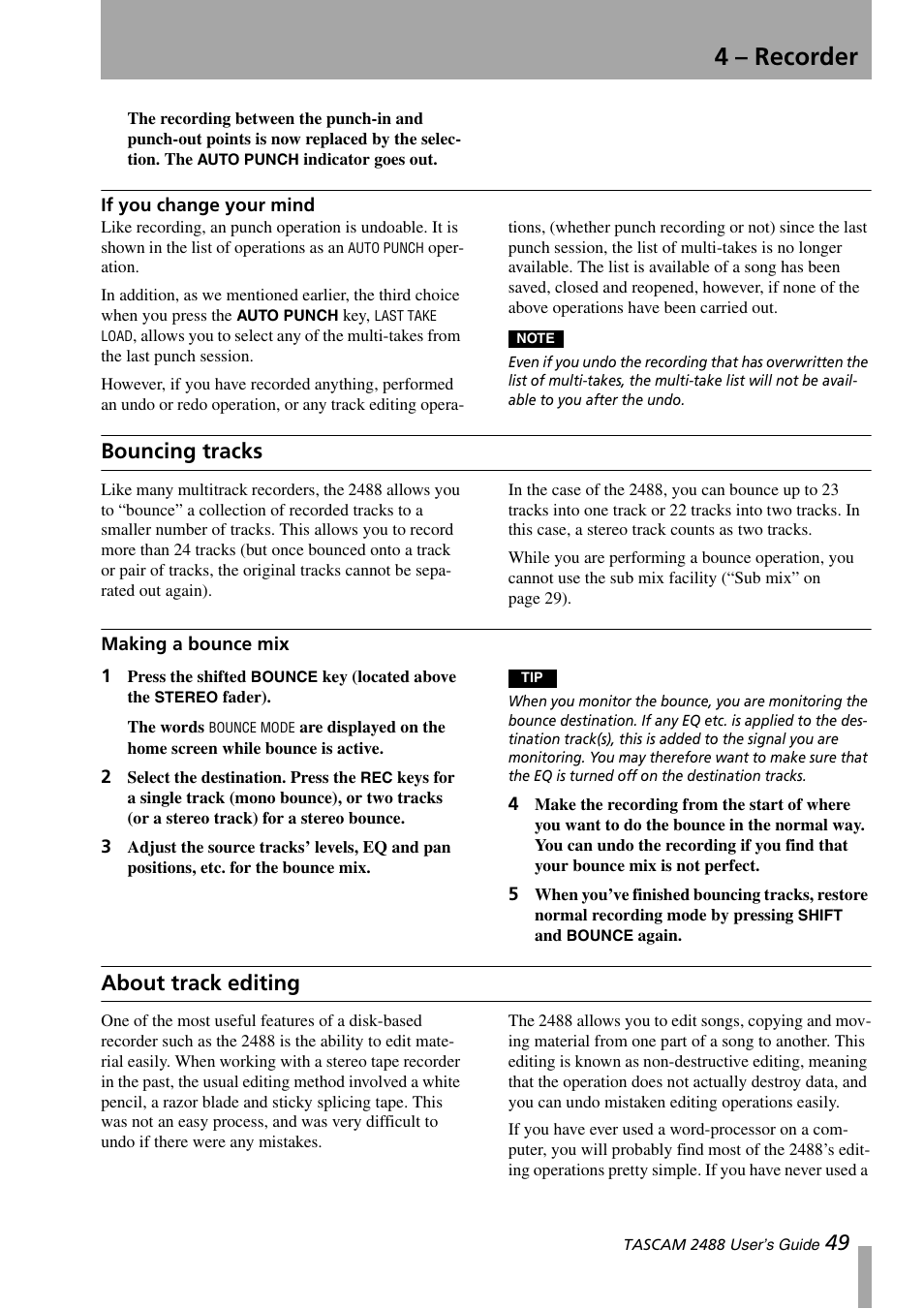 If you change your mind, Bouncing tracks, Making a bounce mix | About track editing, 4 – recorder | Teac 2488 User Manual | Page 49 / 92