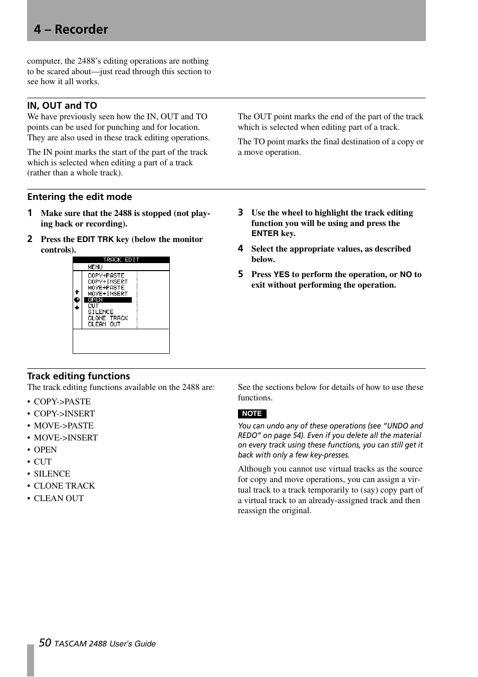 In, out and to, Entering the edit mode, Track editing functions | 4 – recorder | Teac 2488 User Manual | Page 50 / 92