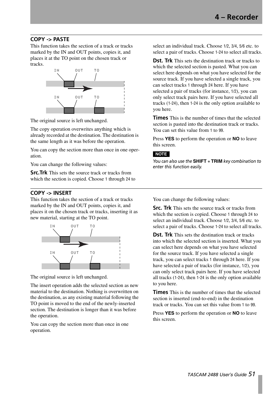 Copy -> paste, Copy -> insert, Copy -> paste copy -> insert | 4 – recorder | Teac 2488 User Manual | Page 51 / 92