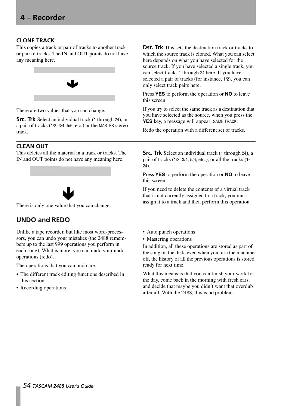 Clone track, Clean out, Undo and redo | Clone track clean out, 4 – recorder | Teac 2488 User Manual | Page 54 / 92