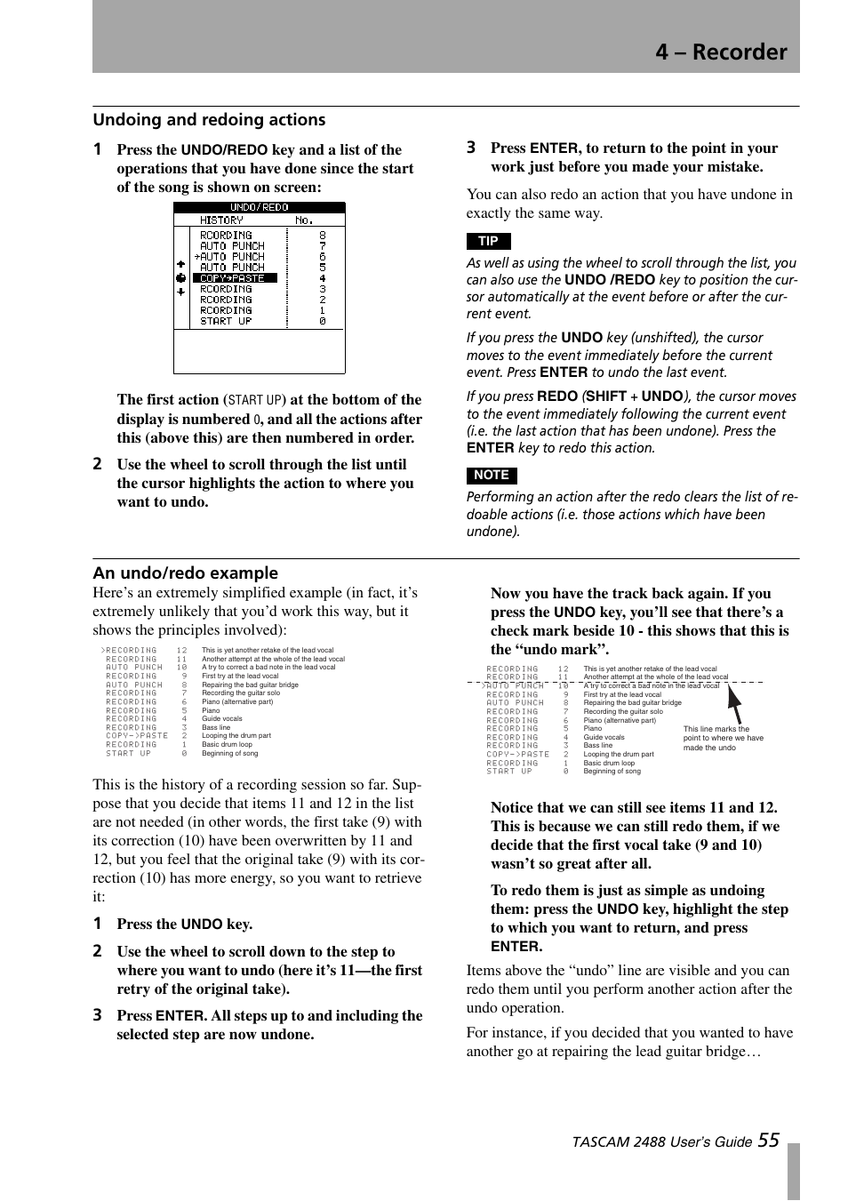 Undoing and redoing actions, An undo/redo example, Undoing and redoing actions an undo/redo example | 4 – recorder, Undoing and redoing actions 1, Press the, At the bottom of the display is numbered, Press | Teac 2488 User Manual | Page 55 / 92