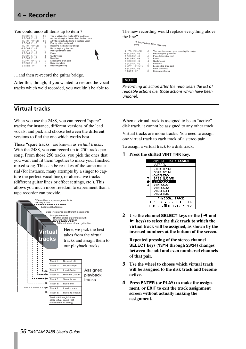 Virtual tracks, 4 – recorder, Press the shifted | Use the channel, Keys, Through, Press, Tascam 2488 user’s guide, Virt trk, Select | Teac 2488 User Manual | Page 56 / 92