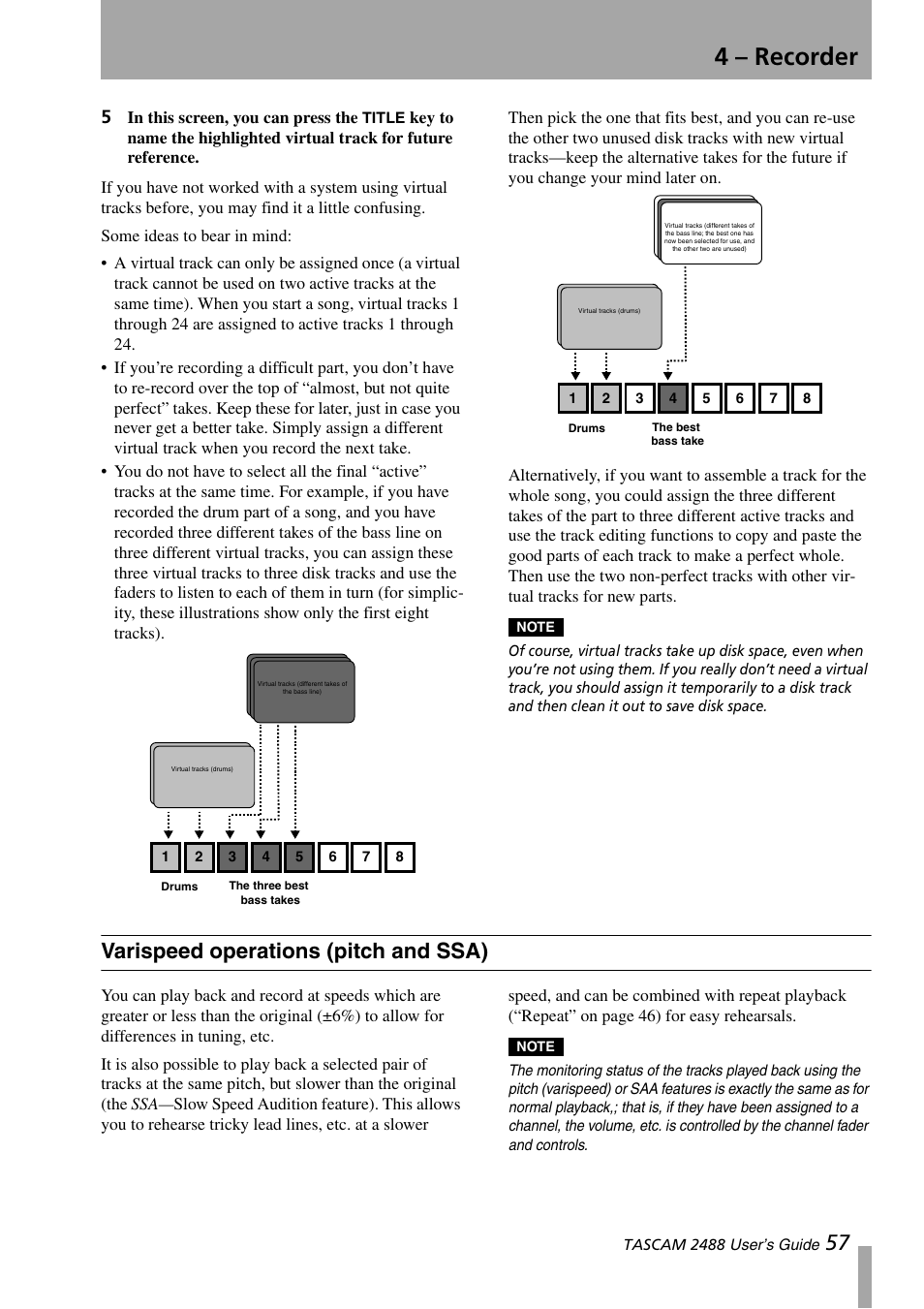 Varispeed operations (pitch and ssa), 4 – recorder | Teac 2488 User Manual | Page 57 / 92