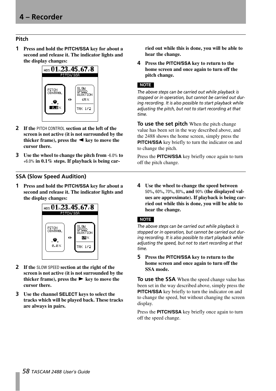Pitch, Ssa (slow speed audition), To use the set pitch | To use the ssa, 4 – recorder | Teac 2488 User Manual | Page 58 / 92