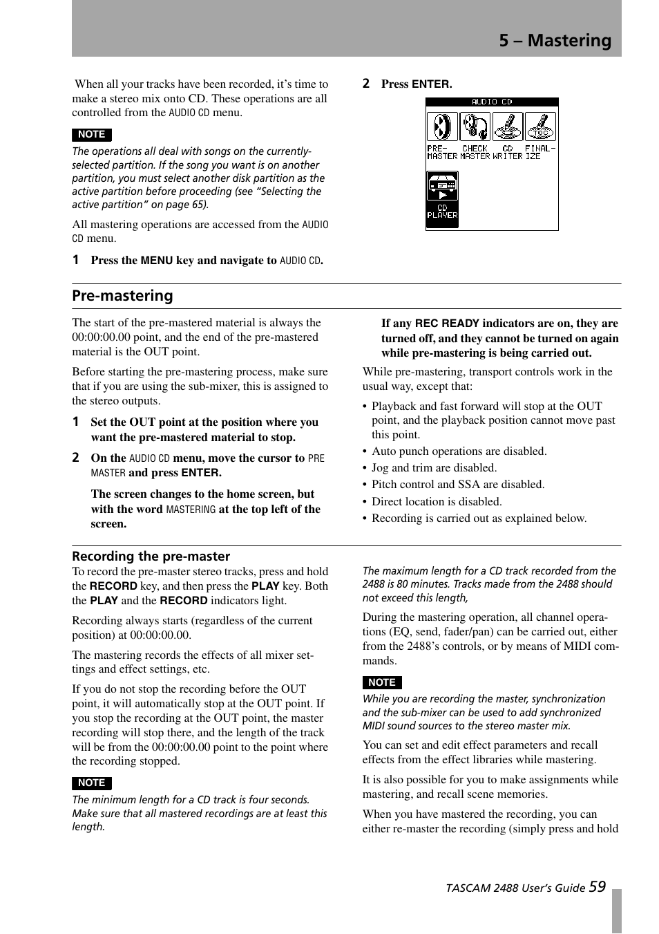 5 - mastering, Pre-mastering, Recording the pre-master | 5 – mastering | Teac 2488 User Manual | Page 59 / 92