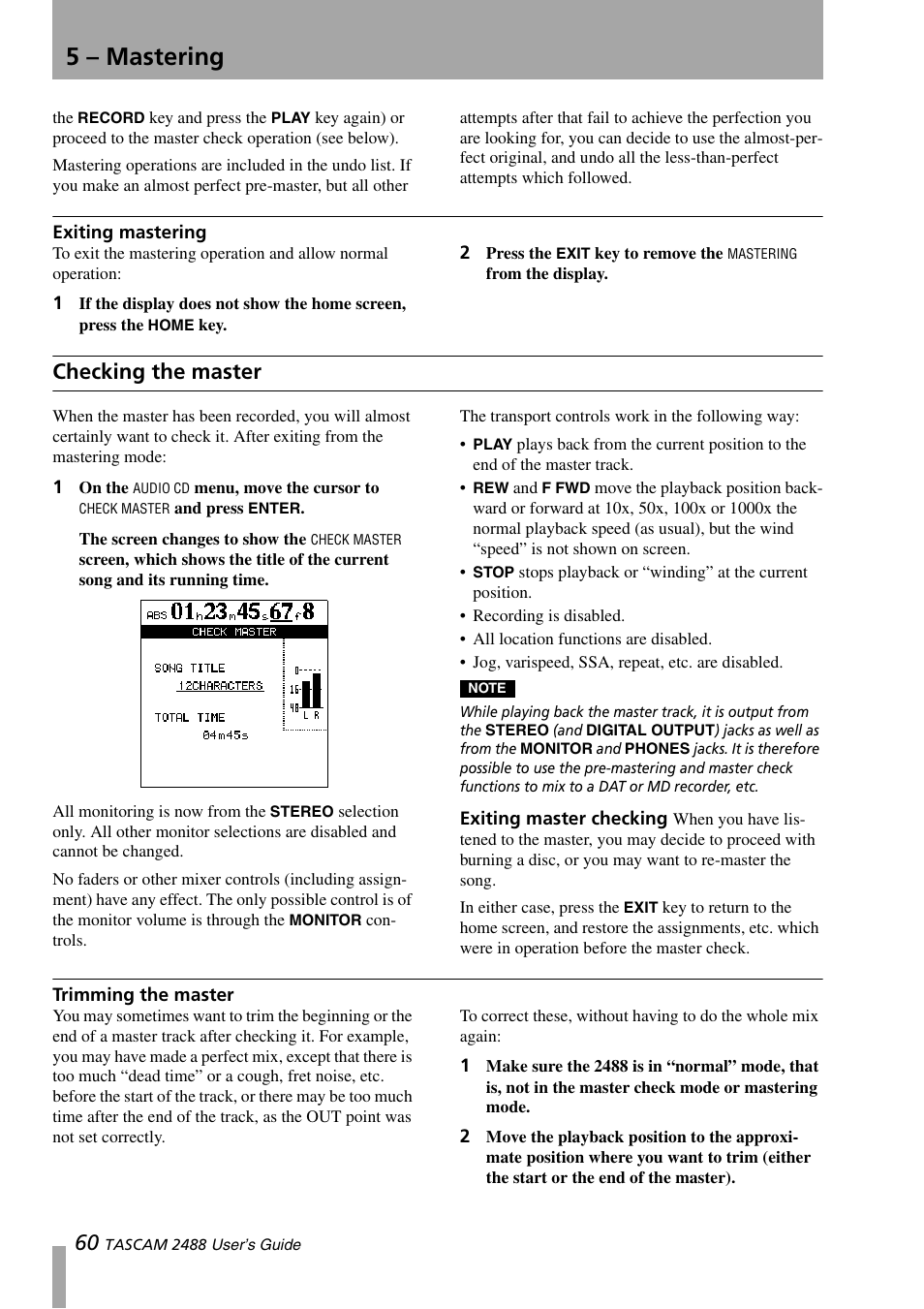 Exiting mastering, Checking the master, Trimming the master | Exiting master checking, 5 – mastering | Teac 2488 User Manual | Page 60 / 92