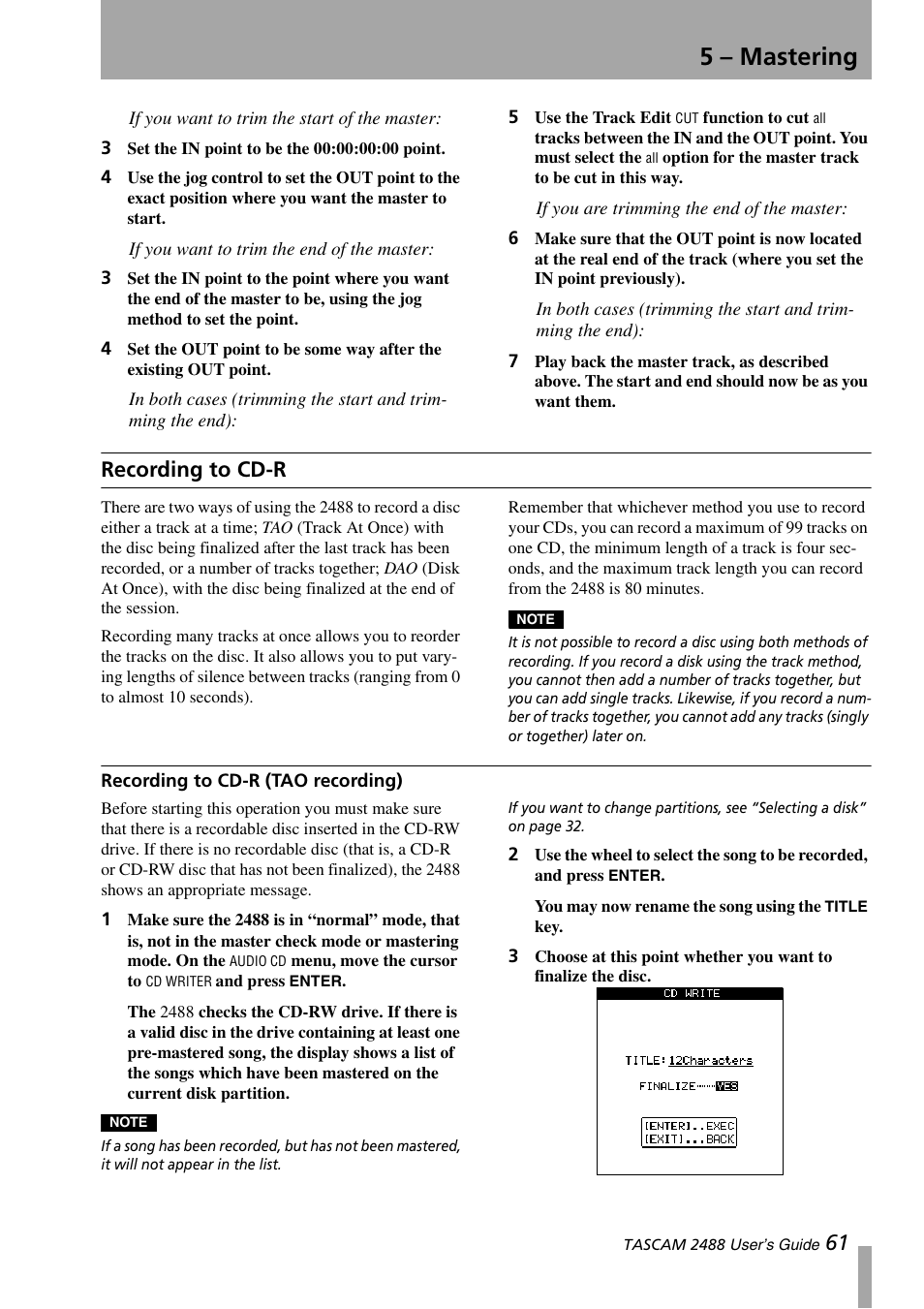 Recording to cd-r, Recording to cd-r (tao recording), 5 – mastering | Teac 2488 User Manual | Page 61 / 92