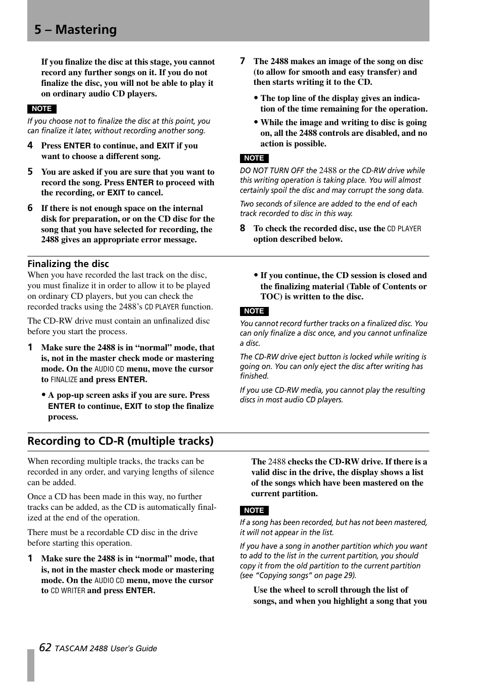 Finalizing the disc, Recording to cd-r (multiple tracks), 5 – mastering | Teac 2488 User Manual | Page 62 / 92