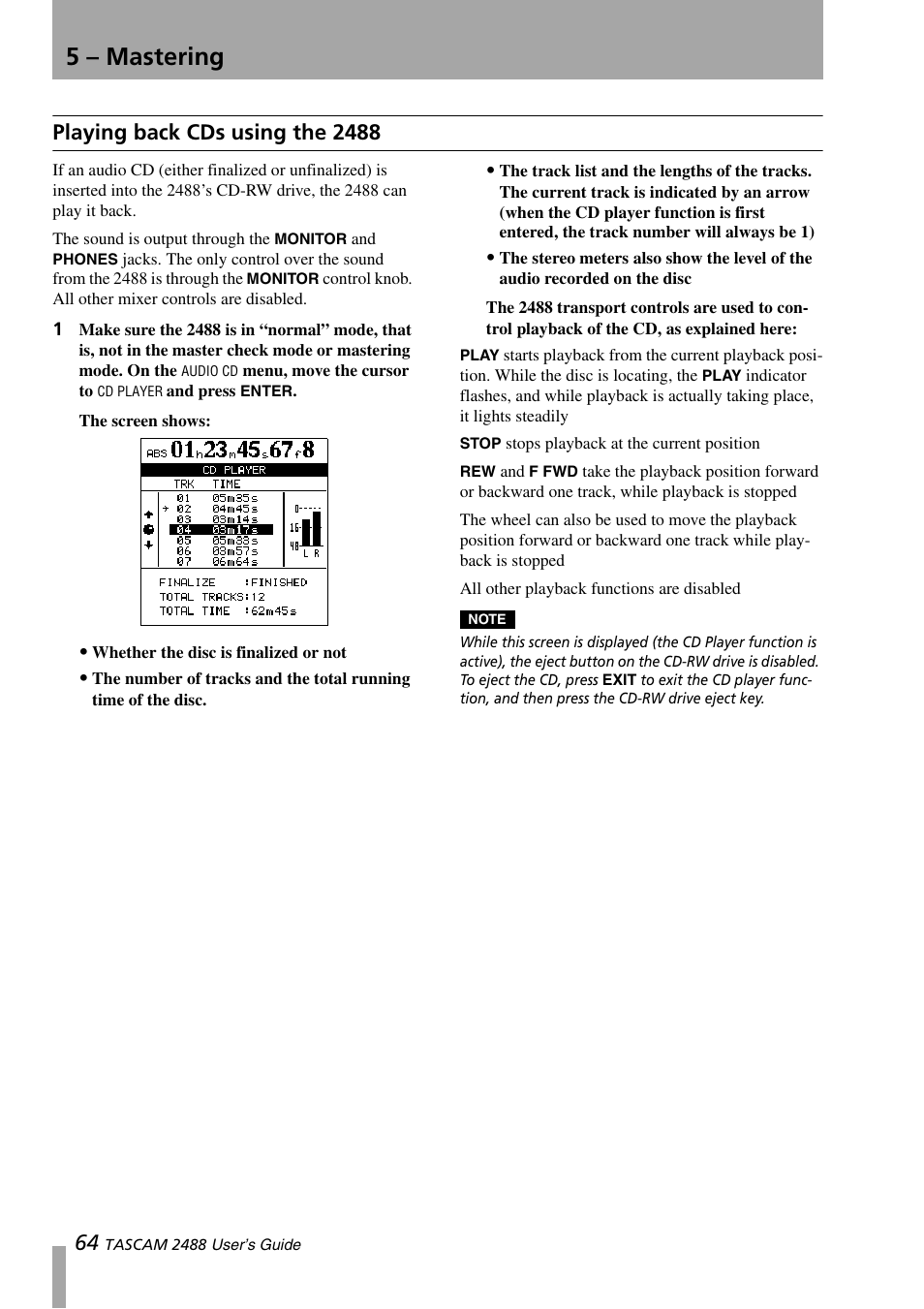 Playing back cds using the 2488, 5 – mastering | Teac 2488 User Manual | Page 64 / 92