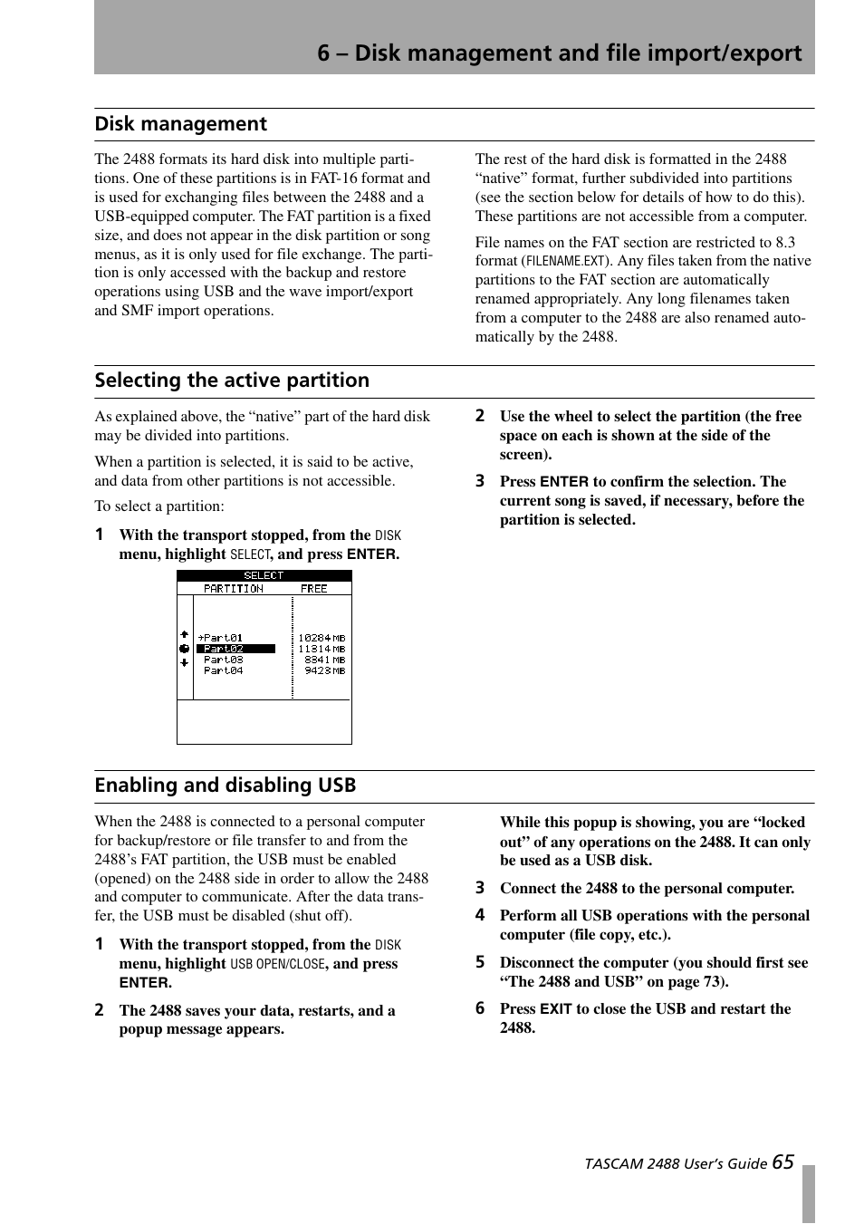 6 - disk management and file import/export, Disk management, Selecting the active partition | Enabling and disabling usb, 6 – disk management and file import/export | Teac 2488 User Manual | Page 65 / 92