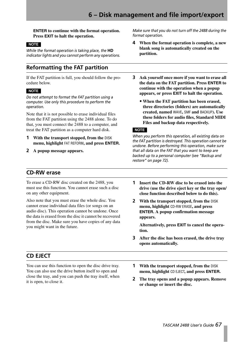 Reformatting the fat partition, Cd-rw erase, Cd eject | 6 – disk management and file import/export | Teac 2488 User Manual | Page 67 / 92
