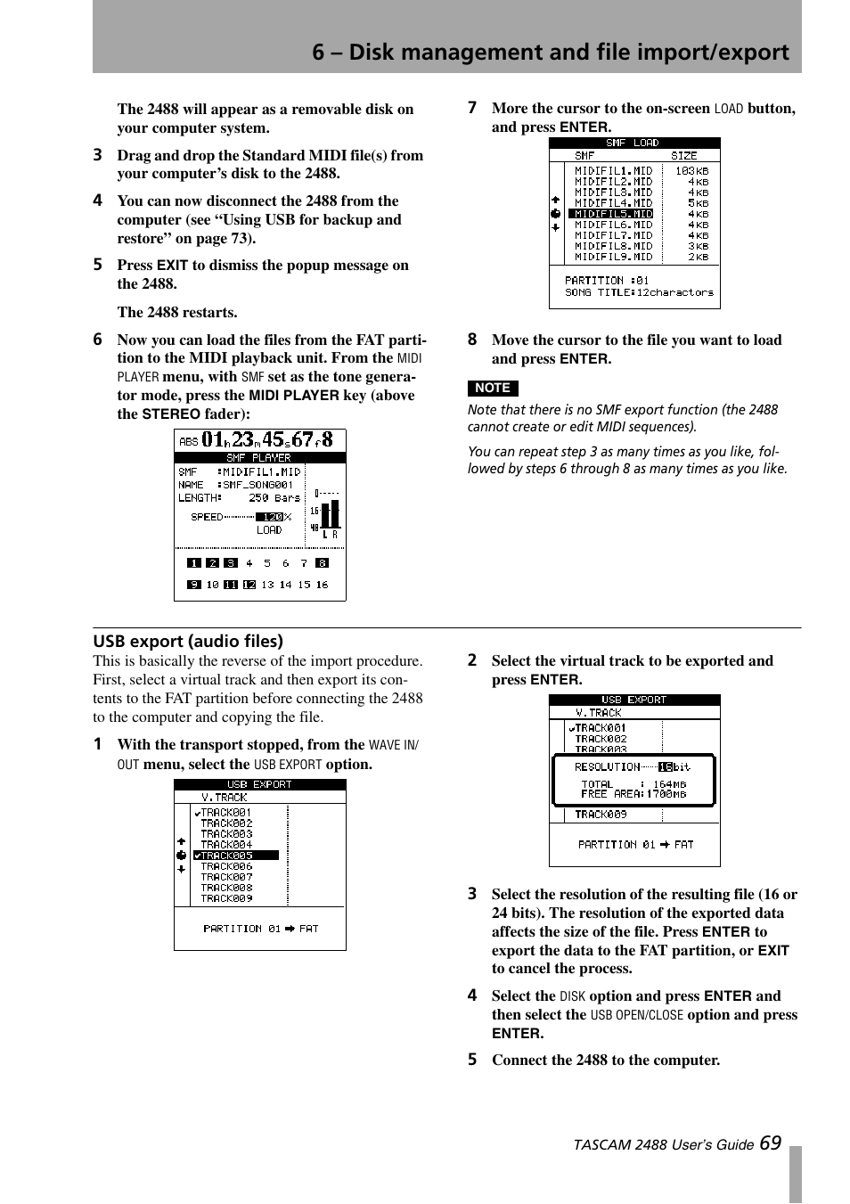 Usb export (audio files), 6 – disk management and file import/export | Teac 2488 User Manual | Page 69 / 92