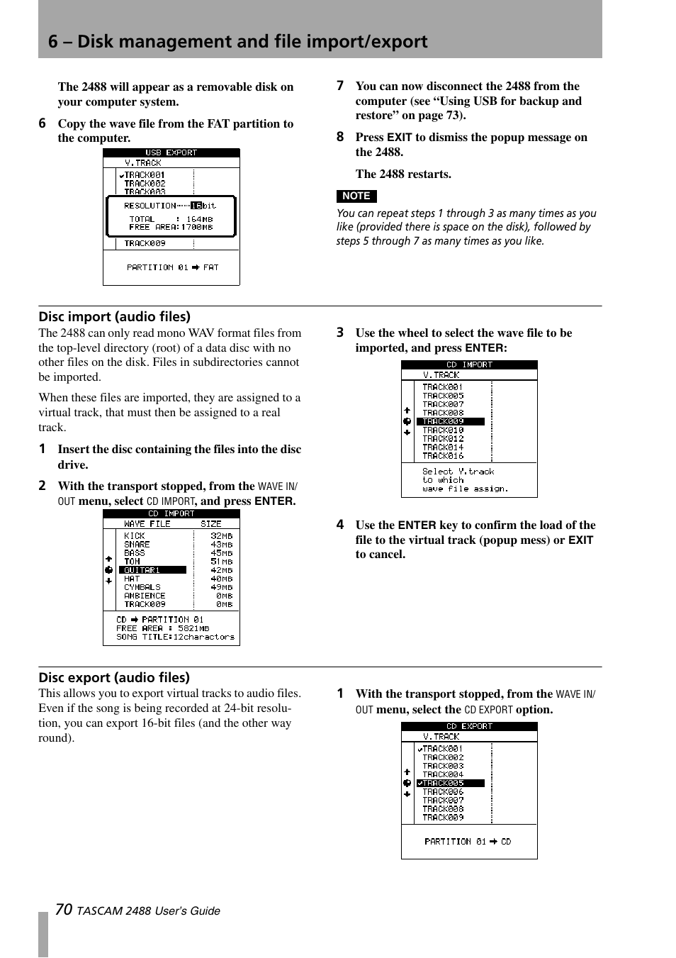 Disc import (audio files), Disc export (audio files), 6 – disk management and file import/export | Teac 2488 User Manual | Page 70 / 92