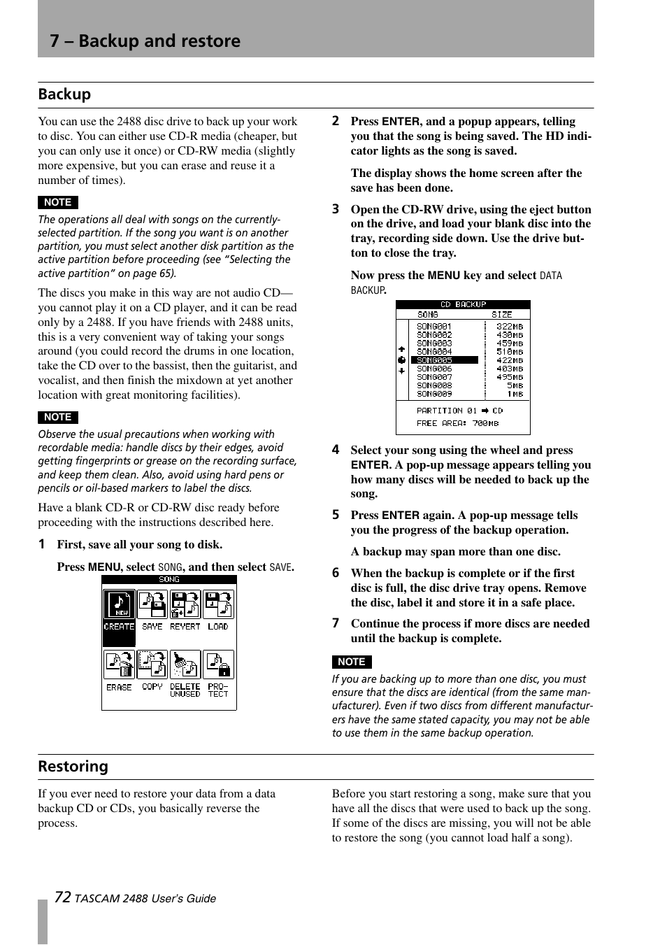 7 - backup and restore, Backup, Restoring | 7 – backup and restore | Teac 2488 User Manual | Page 72 / 92