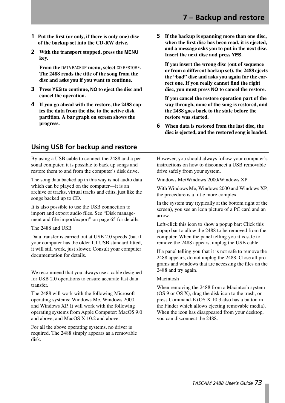 Using usb for backup and restore, 7 – backup and restore | Teac 2488 User Manual | Page 73 / 92