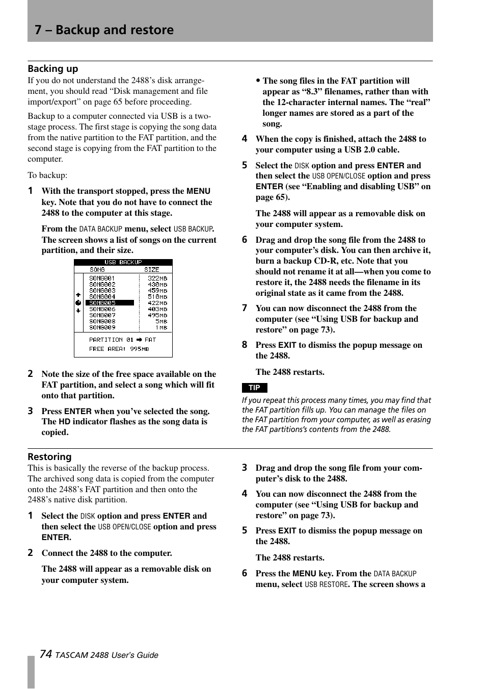 Backing up, Restoring, Backing up restoring | 7 – backup and restore | Teac 2488 User Manual | Page 74 / 92