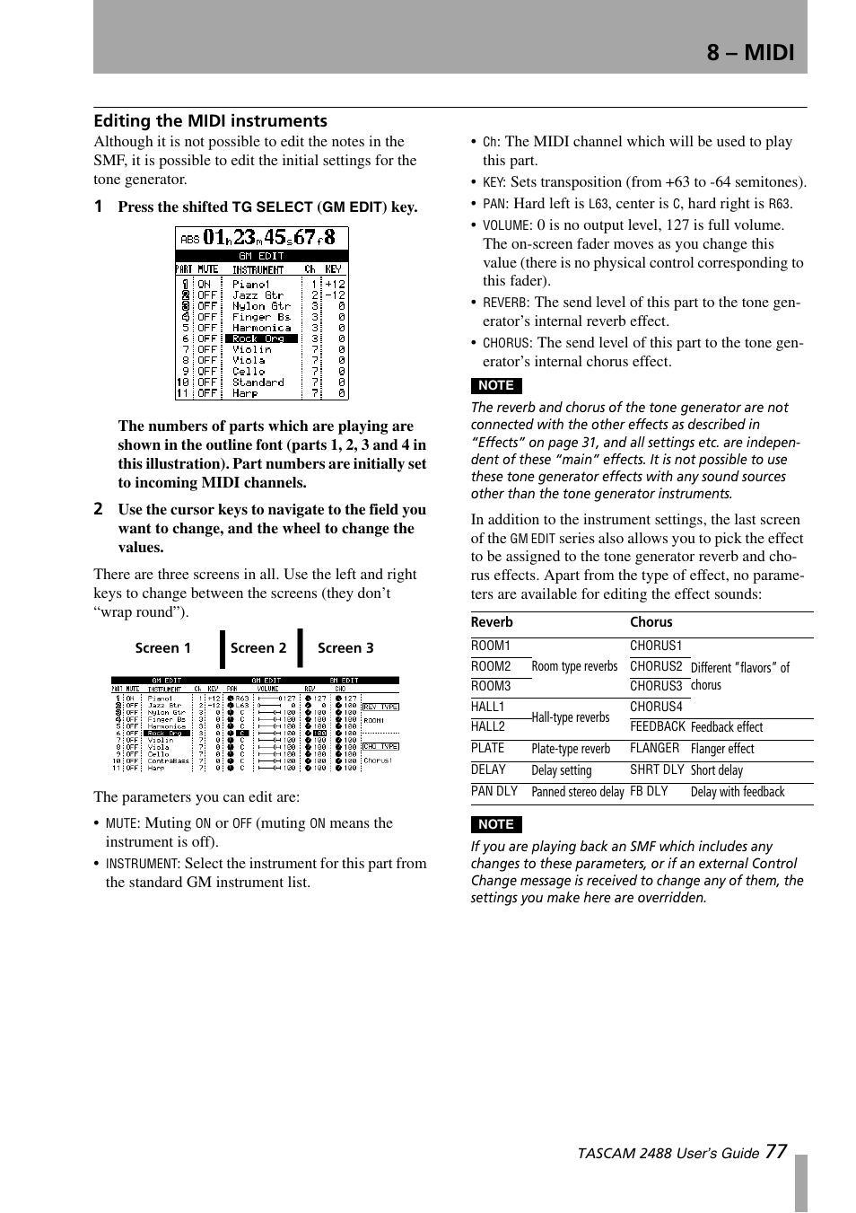 Editing the midi instruments, 8 – midi | Teac 2488 User Manual | Page 77 / 92