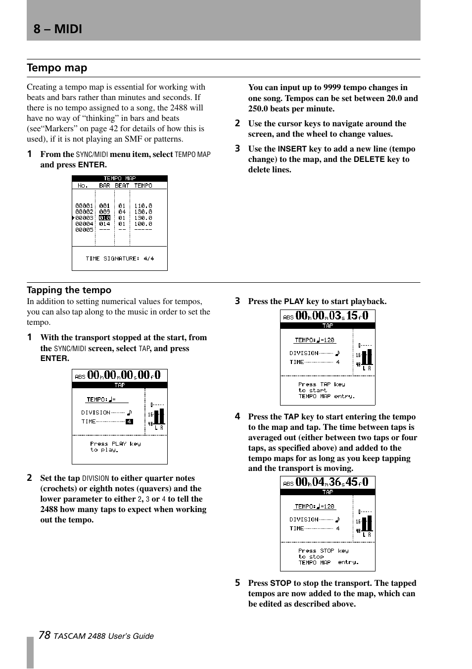 Tempo map, Tapping the tempo, 8 – midi | Teac 2488 User Manual | Page 78 / 92