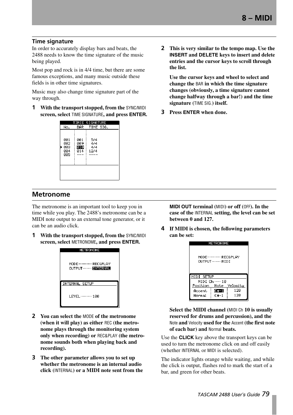 Time signature, Metronome, 8 – midi | Teac 2488 User Manual | Page 79 / 92