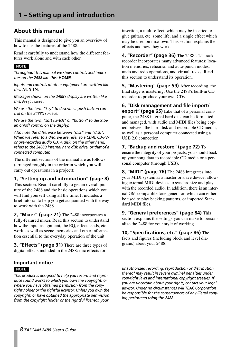 1 - setting up and introduction, Important notice, 1 – setting up and introduction | About this manual | Teac 2488 User Manual | Page 8 / 92
