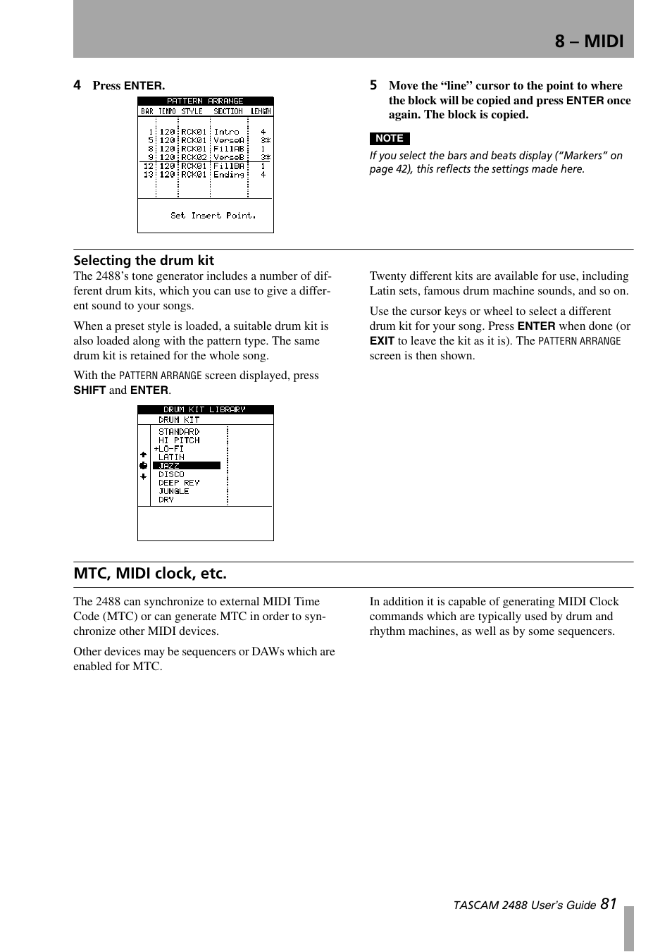 Selecting the drum kit, Mtc, midi clock, etc, 8 – midi | Teac 2488 User Manual | Page 81 / 92