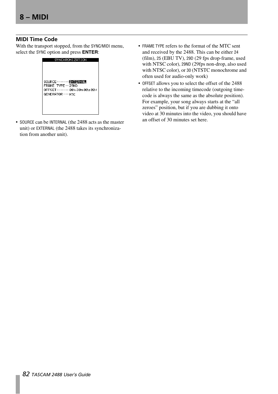 Midi time code, 8 – midi | Teac 2488 User Manual | Page 82 / 92