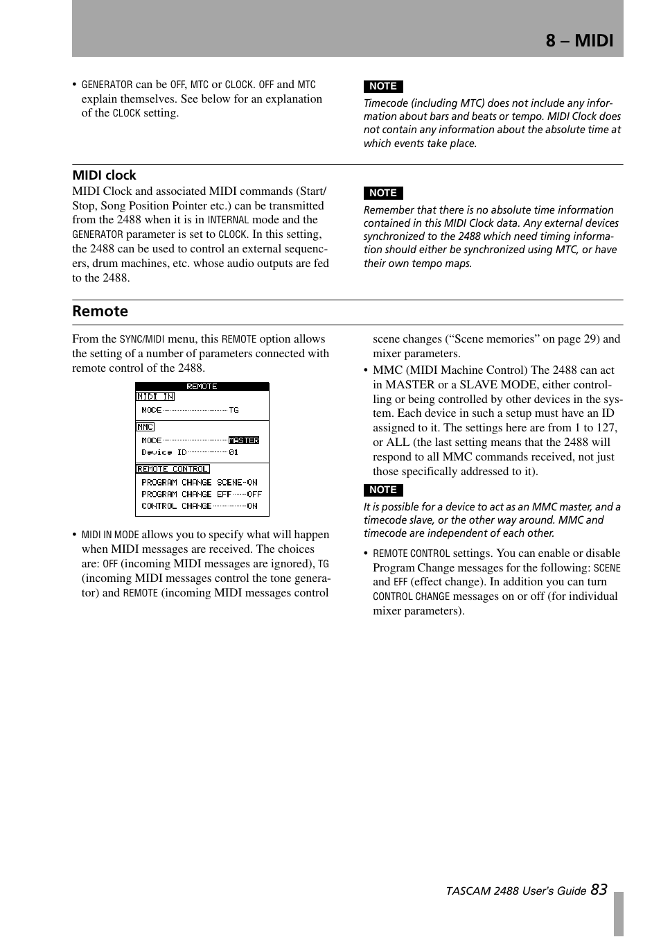 Midi clock, Remote, 8 – midi | Teac 2488 User Manual | Page 83 / 92