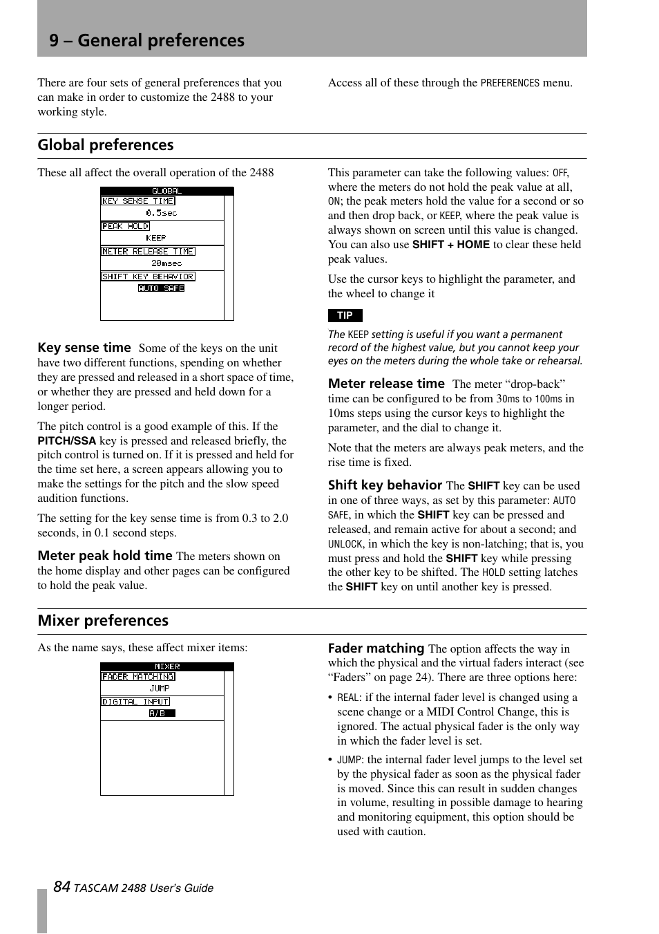 9 - general preferences, Global preferences, Mixer preferences | 9 – general preferences, Fader matching | Teac 2488 User Manual | Page 84 / 92