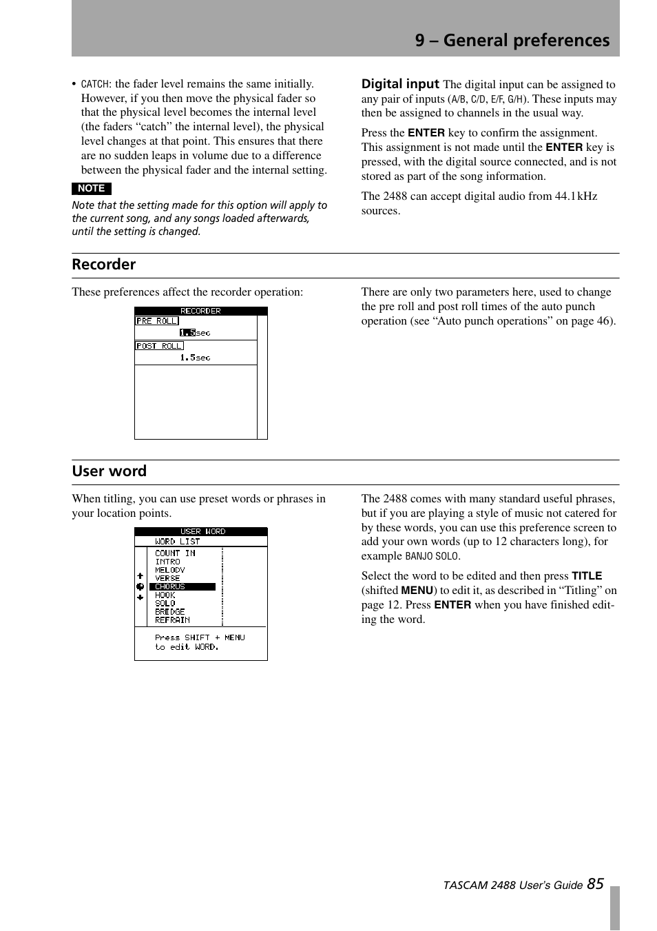 Recorder, User word, Digital input | 9 – general preferences | Teac 2488 User Manual | Page 85 / 92