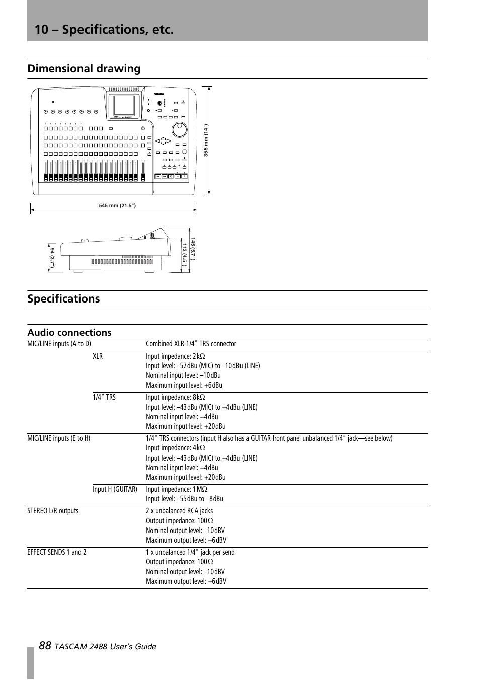 Dimensional drawing, Specifications, Audio connections | 10 – specifications, etc, Dimensional drawing specifications | Teac 2488 User Manual | Page 88 / 92