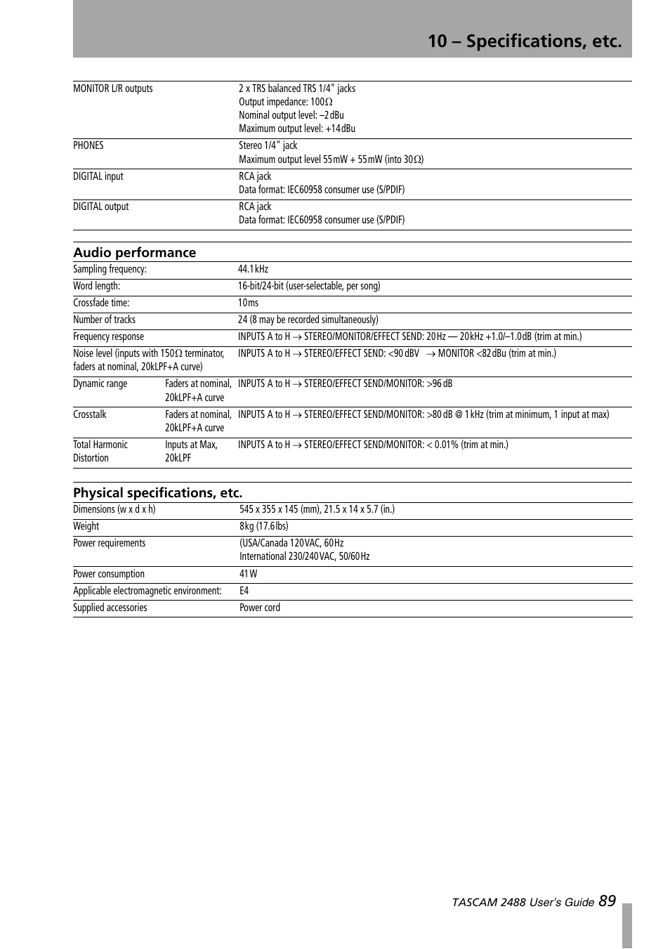 Audio performance, Physical specifications, etc, 10 – specifications, etc | Audio performance physical specifications, etc | Teac 2488 User Manual | Page 89 / 92