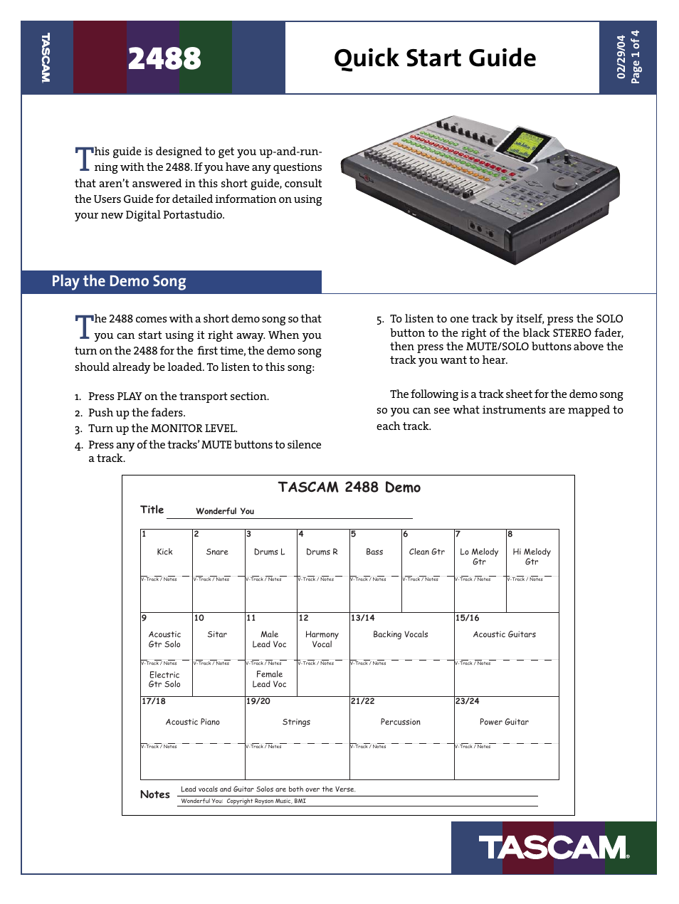 Teac 2488 Quick Start User Manual | 4 pages