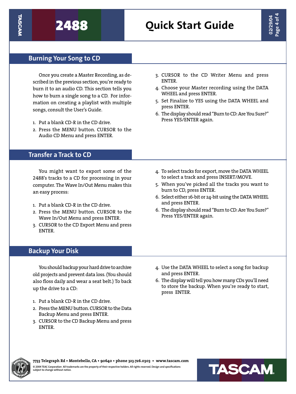 Quick start guide, Burning your song to cd, Transfer a track to cd | Backup your disk | Teac 2488 Quick Start User Manual | Page 4 / 4