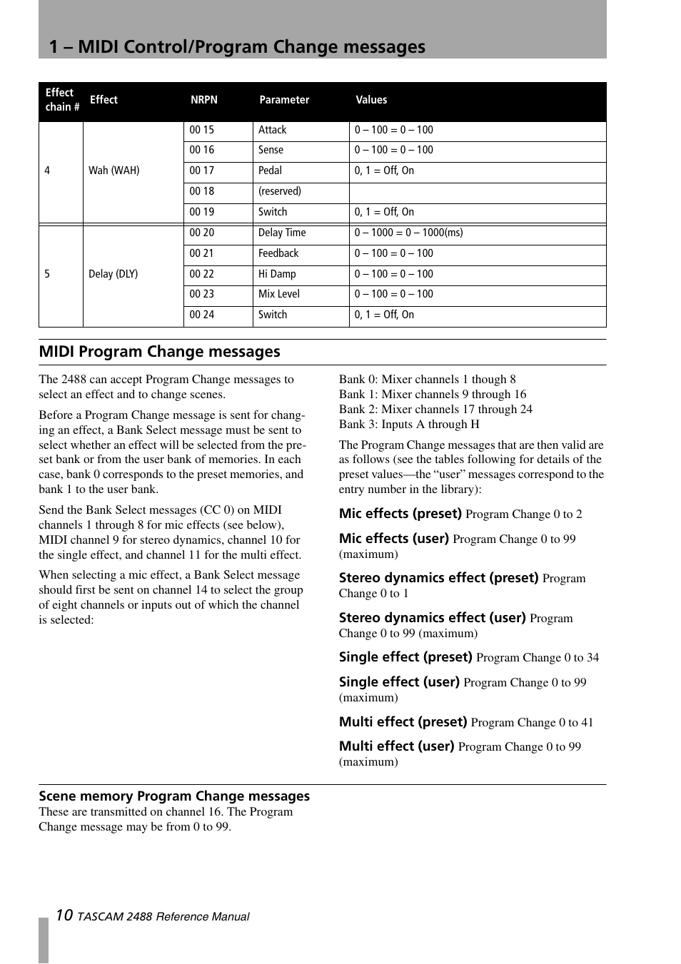 Midi program change messages, Scene memory program change messages, 1 – midi control/program change messages | Teac 2488 Reference Manual User Manual | Page 10 / 28