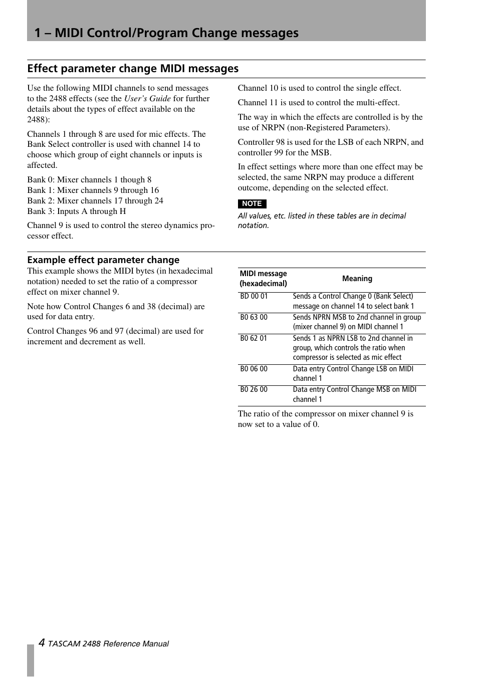 Effect parameter change midi messages, Example effect parameter change, 1 – midi control/program change messages | Teac 2488 Reference Manual User Manual | Page 4 / 28