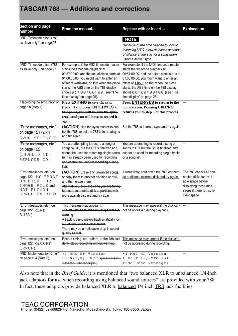 Tascam 788 — additions and corrections, Teac corporation | Teac 788 Addendum User Manual | Page 2 / 2