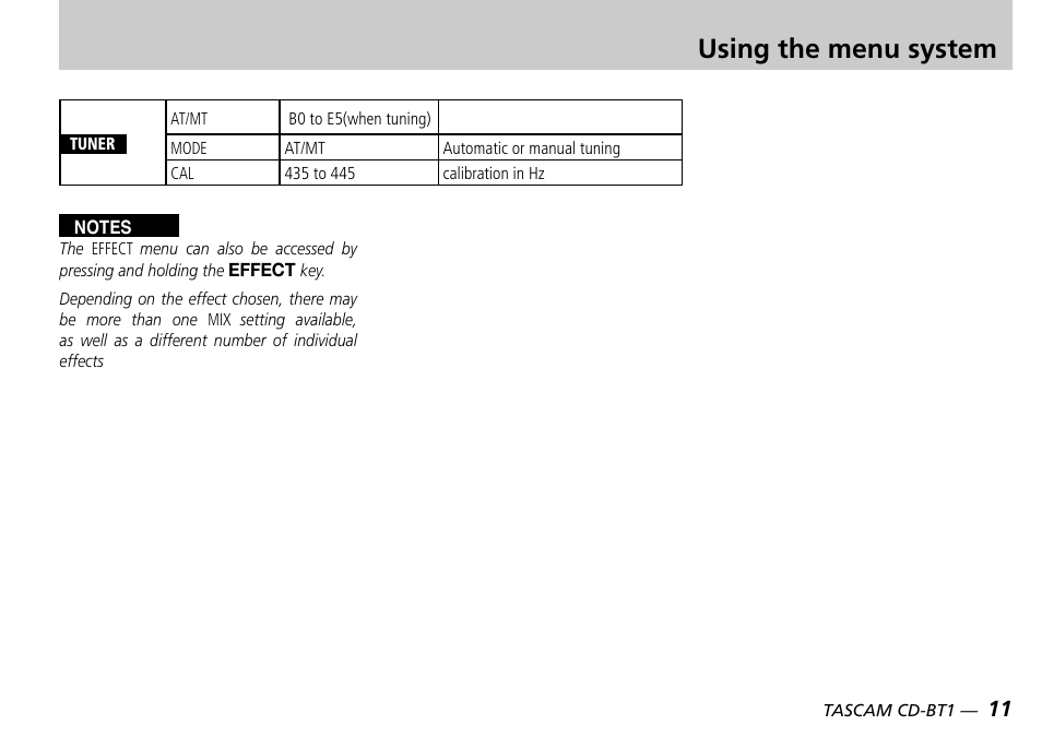 Using the menu system | Teac CD-BT1 User Manual | Page 11 / 20