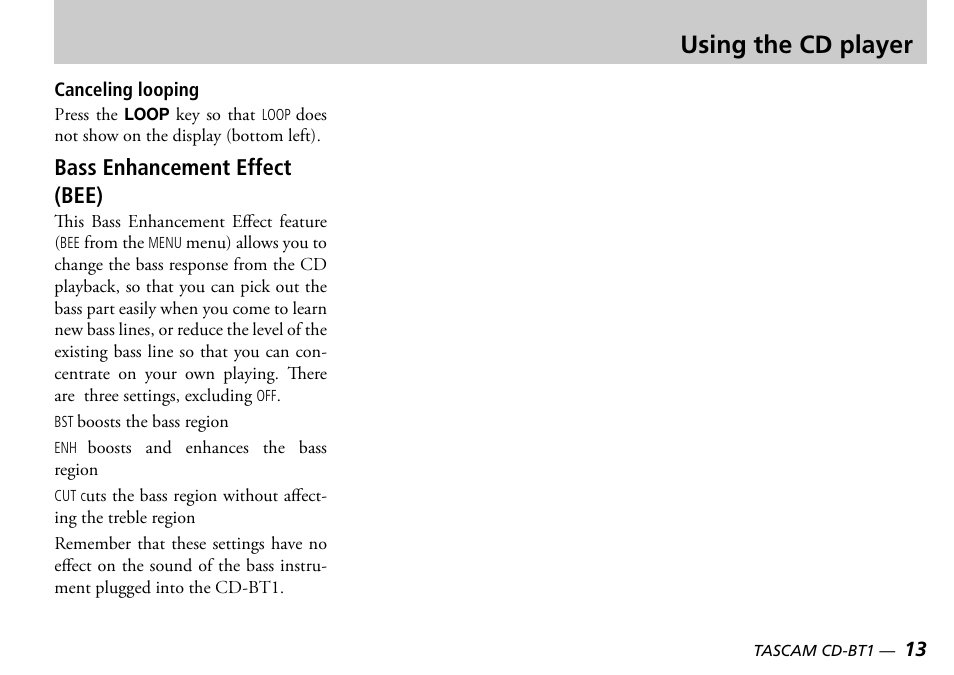 Using the cd player, Bass enhancement effect (bee) | Teac CD-BT1 User Manual | Page 13 / 20